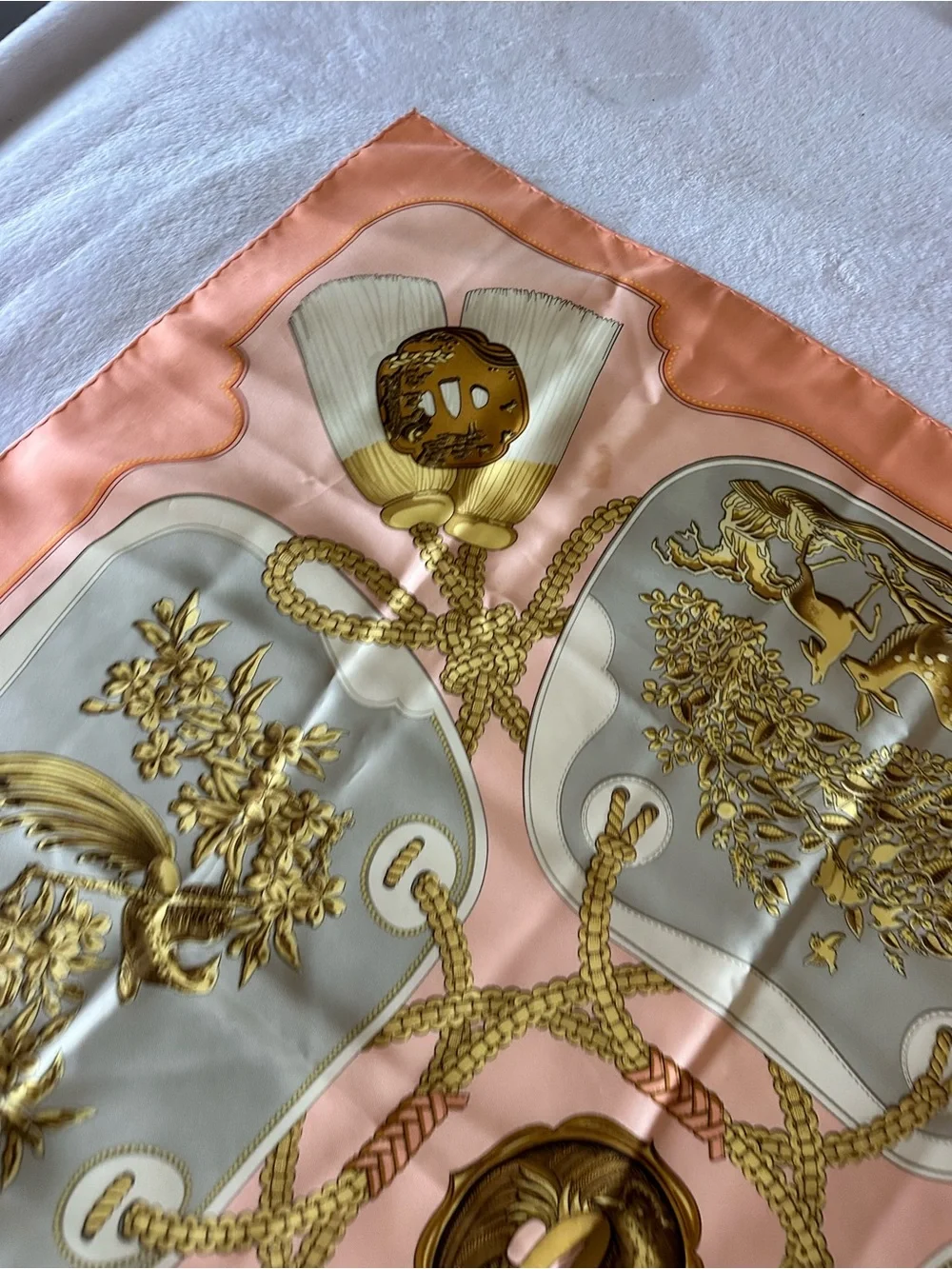 Hermes Peach and Gold Silk Scarf with Ornate Dragon Panels - Picture 9 of 16